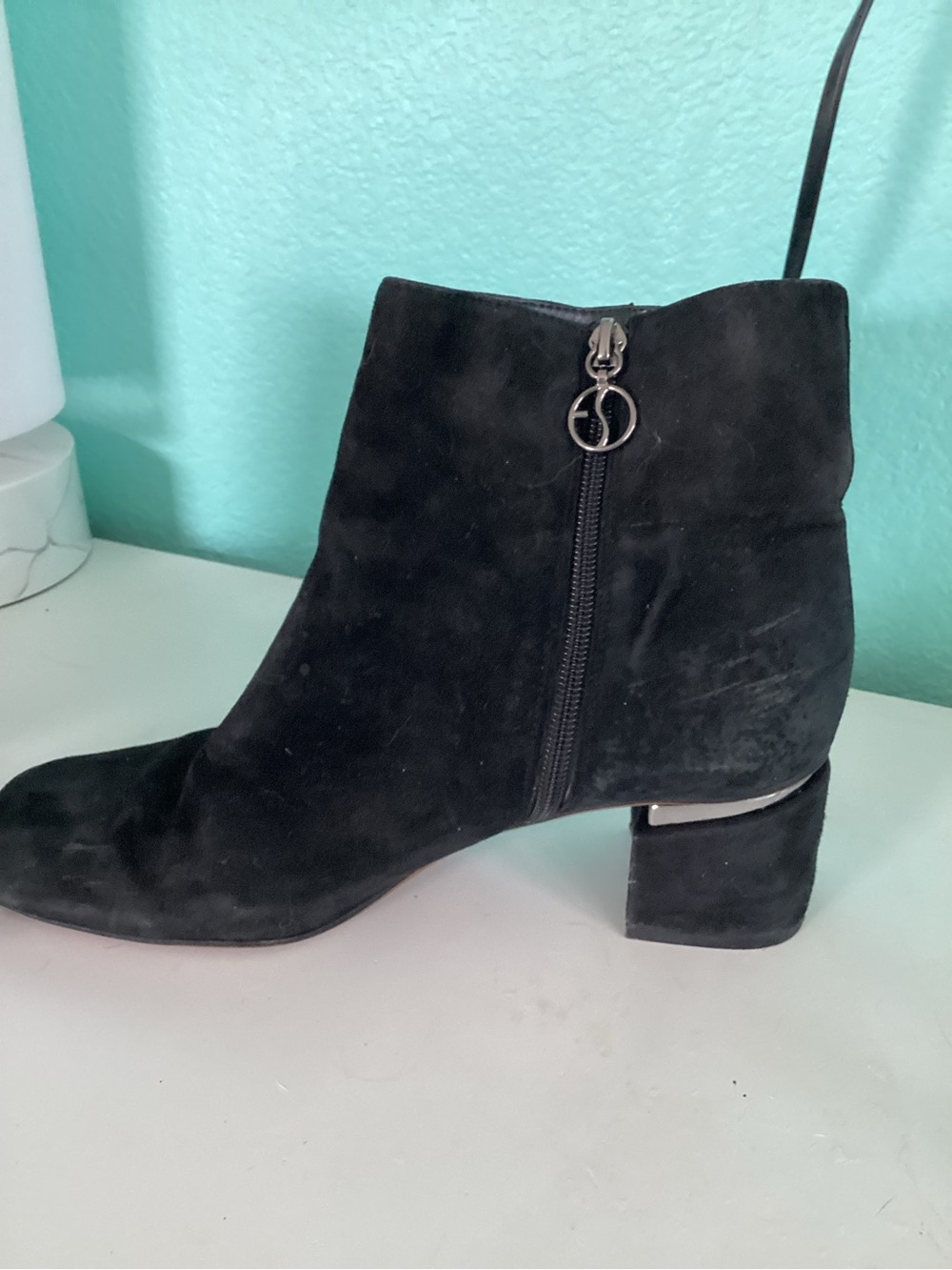 Franco Sarto Black Suede Ankle Boot with Ring-Zip